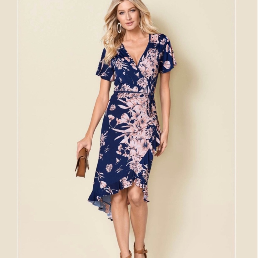 VENUS Blue and Pink Fit and Flare High Low Dress